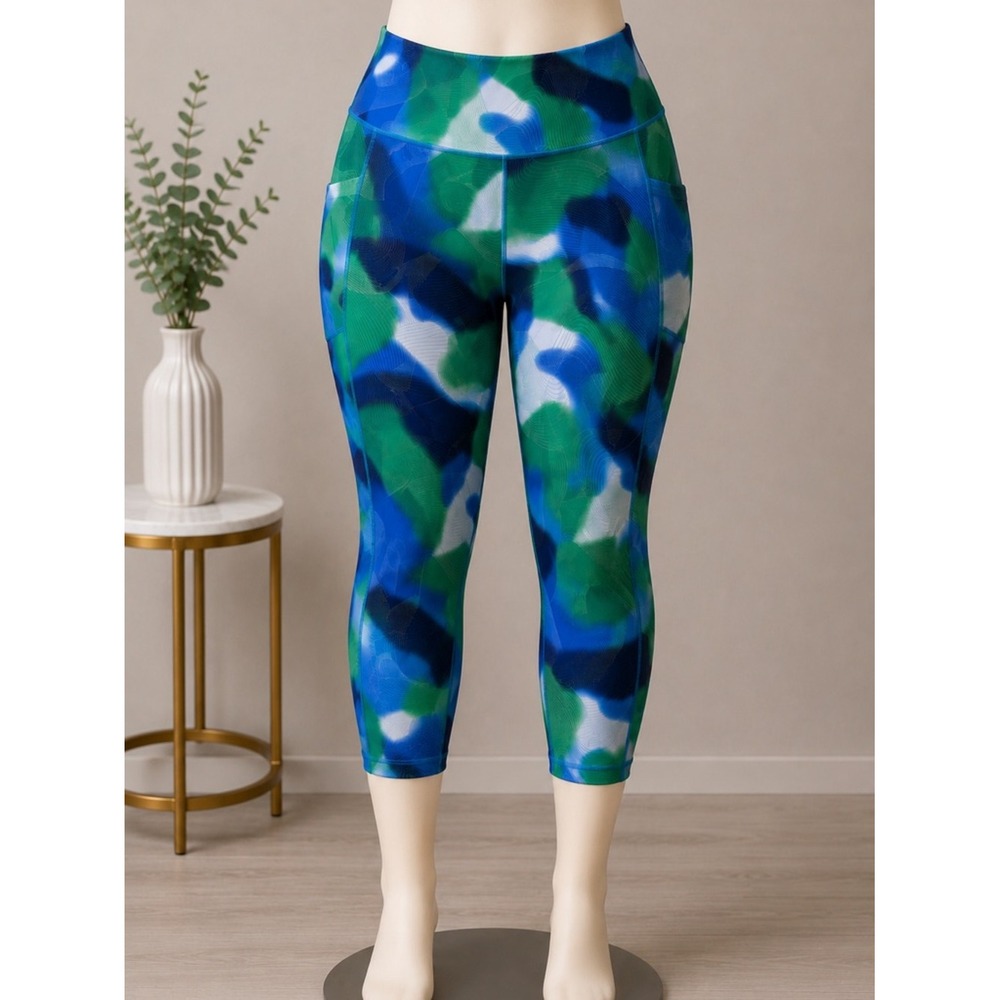 Ideology Womens Plus 1X Tartan Blue Abstract High Rise Crop Leggings NWT